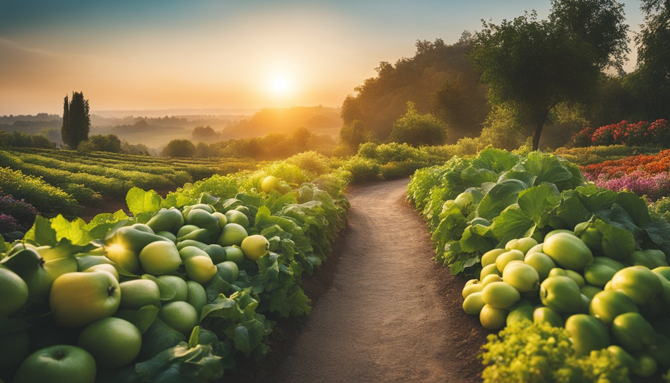 A bright sunrise over a serene landscape with a winding path leading to a vibrant garden of fruits and vegetables