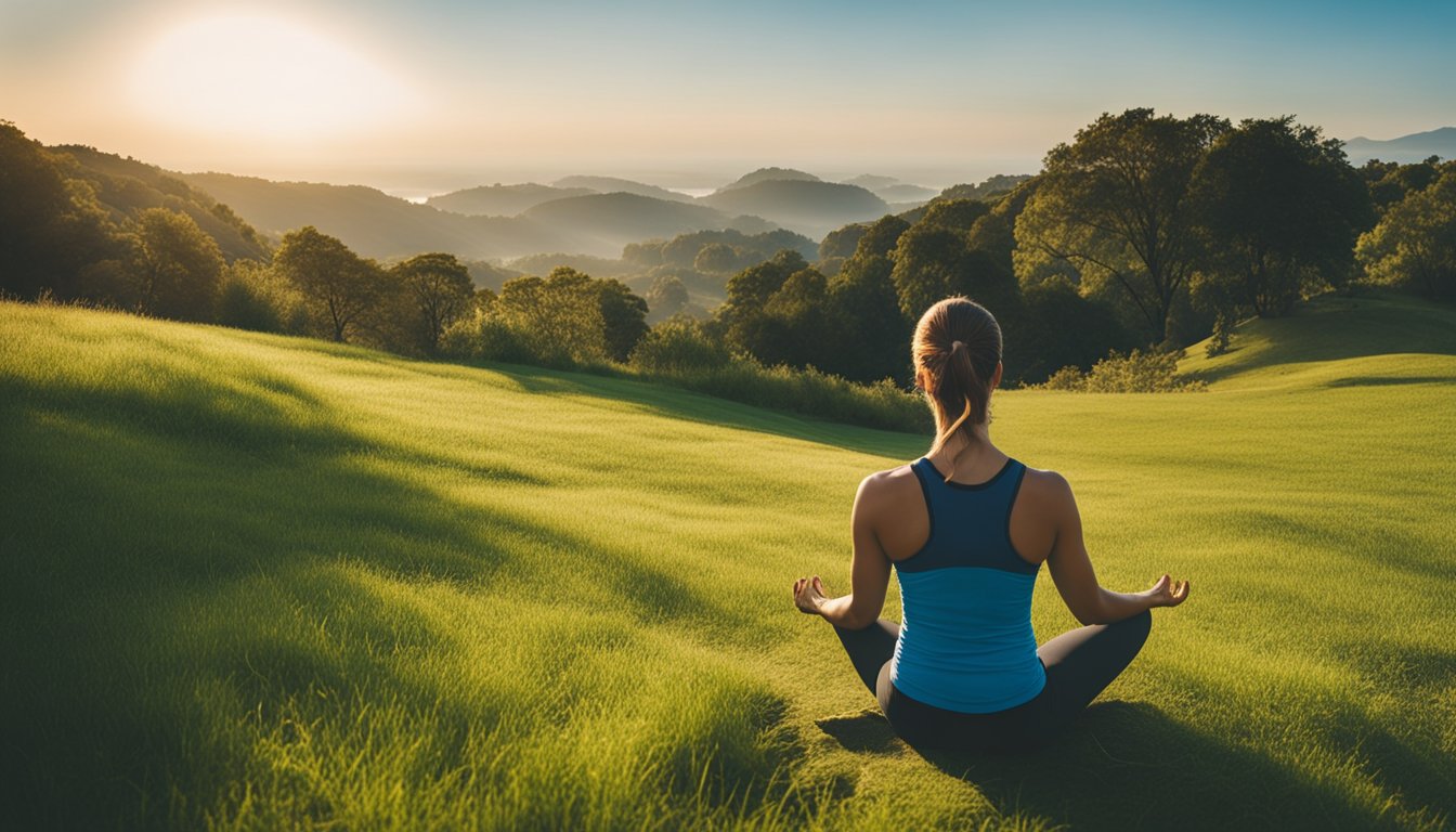 A serene morning landscape with a person practicing yoga on a grassy hill, surrounded by trees and a clear blue sky