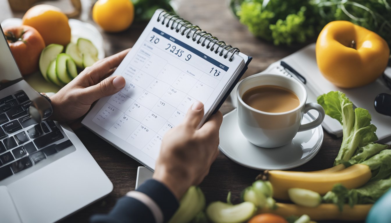 A person surrounded by healthy food, exercise equipment, and a calendar, with a notebook and pen for jotting down questions and goals