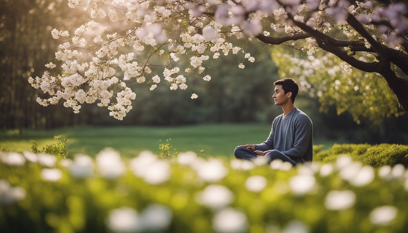 A person sitting in a peaceful garden, surrounded by blooming flowers and serene nature, practicing mindfulness and meditation as a healthy coping strategy after addiction