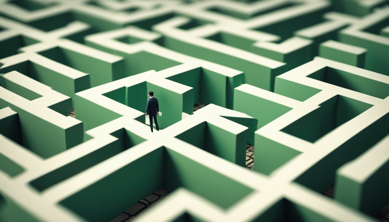 A person navigating through a maze with barriers to reach a door labeled "Mental Health Services."