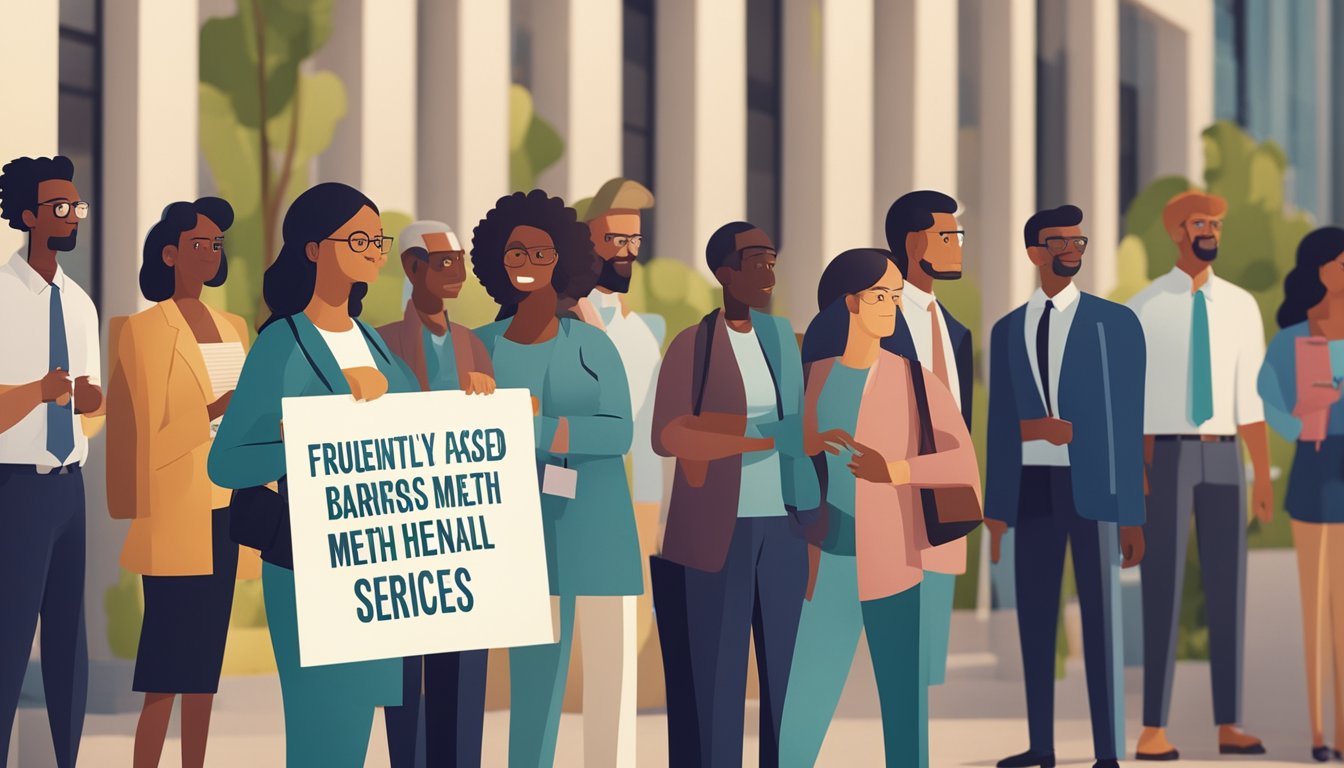 A diverse group of people standing in line, with a sign above them reading "Frequently Asked Questions Overcoming Barriers To Accessing Mental Health Services."