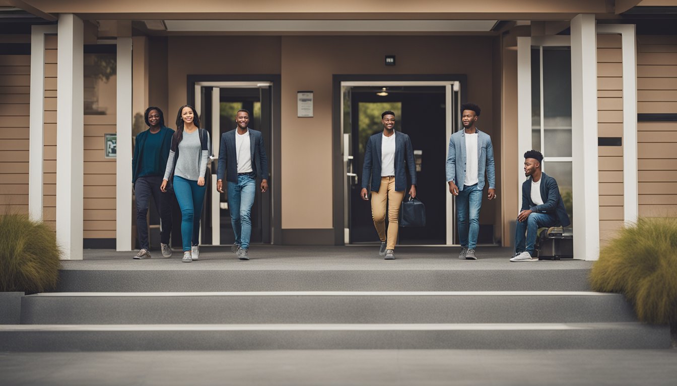 A diverse group of people entering a welcoming addiction treatment center with accessible ramps and open doors