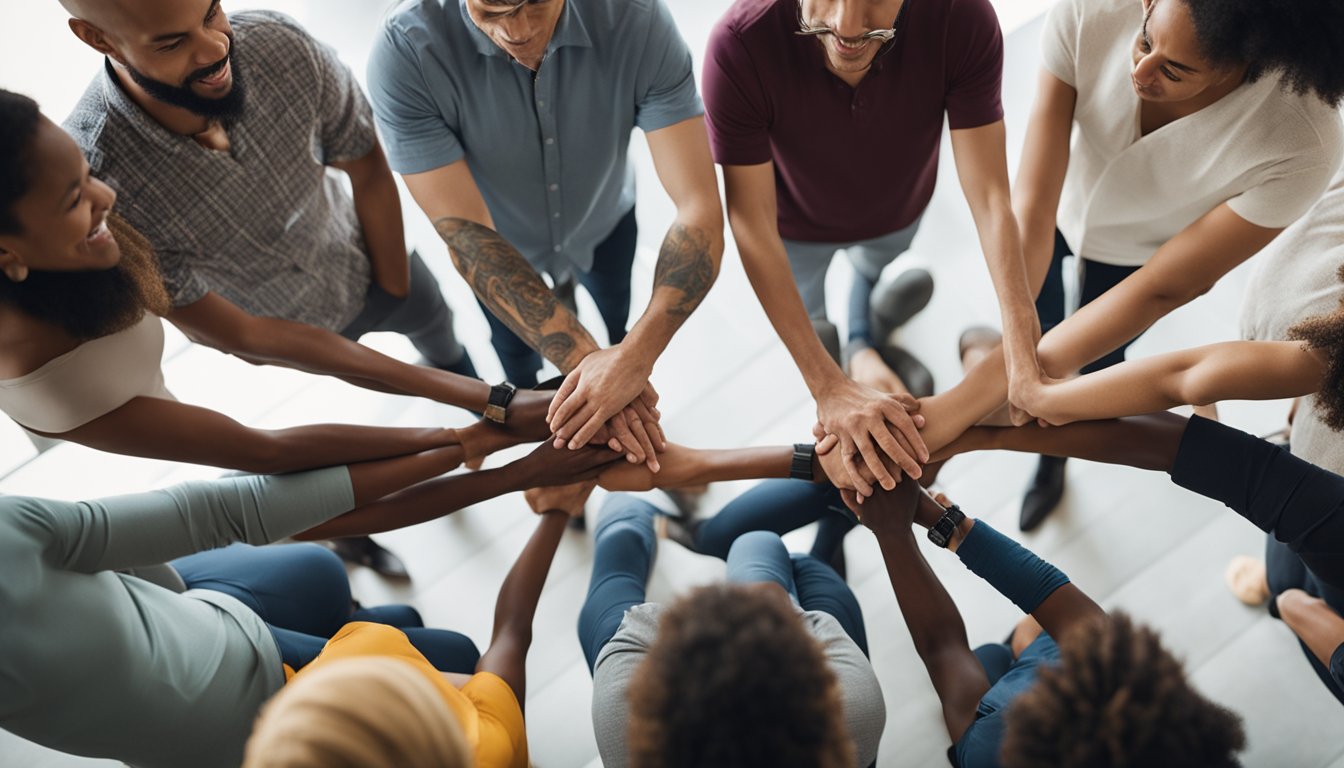 A diverse group of individuals gather in a supportive circle, sharing experiences and offering guidance, symbolizing the navigation of cultural stigma in addiction recovery