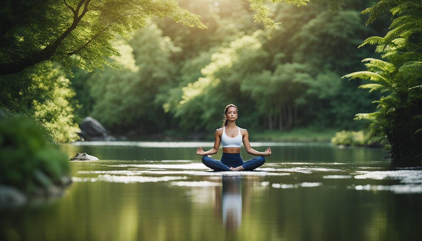 A serene natural setting with a flowing river, lush greenery, and a clear sky, with a person practicing mindful movement such as yoga or tai chi