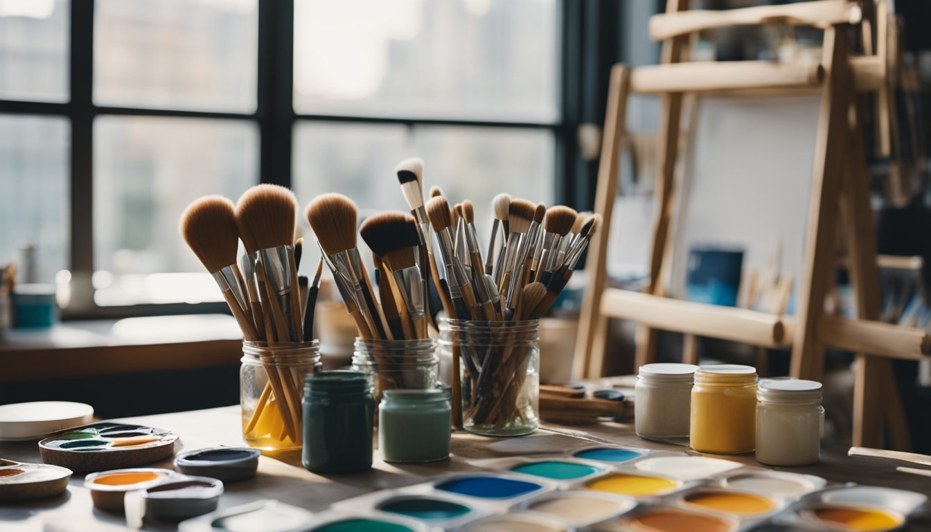 A serene art studio with colorful paint palettes, canvases, and brushes arranged neatly on a table. Soft natural light filters in through large windows, creating a calming atmosphere for creative expression