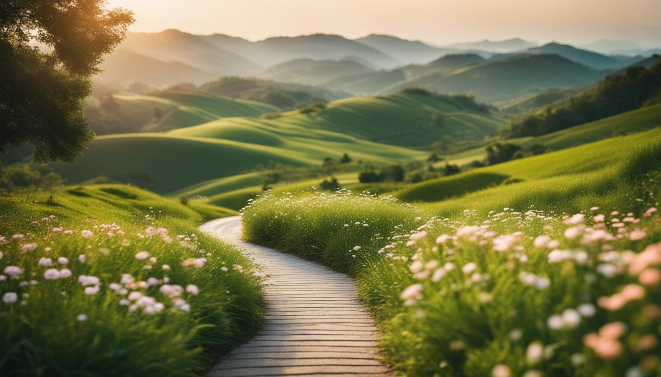 A serene landscape with a winding path leading to a bright horizon, surrounded by lush greenery and blooming flowers