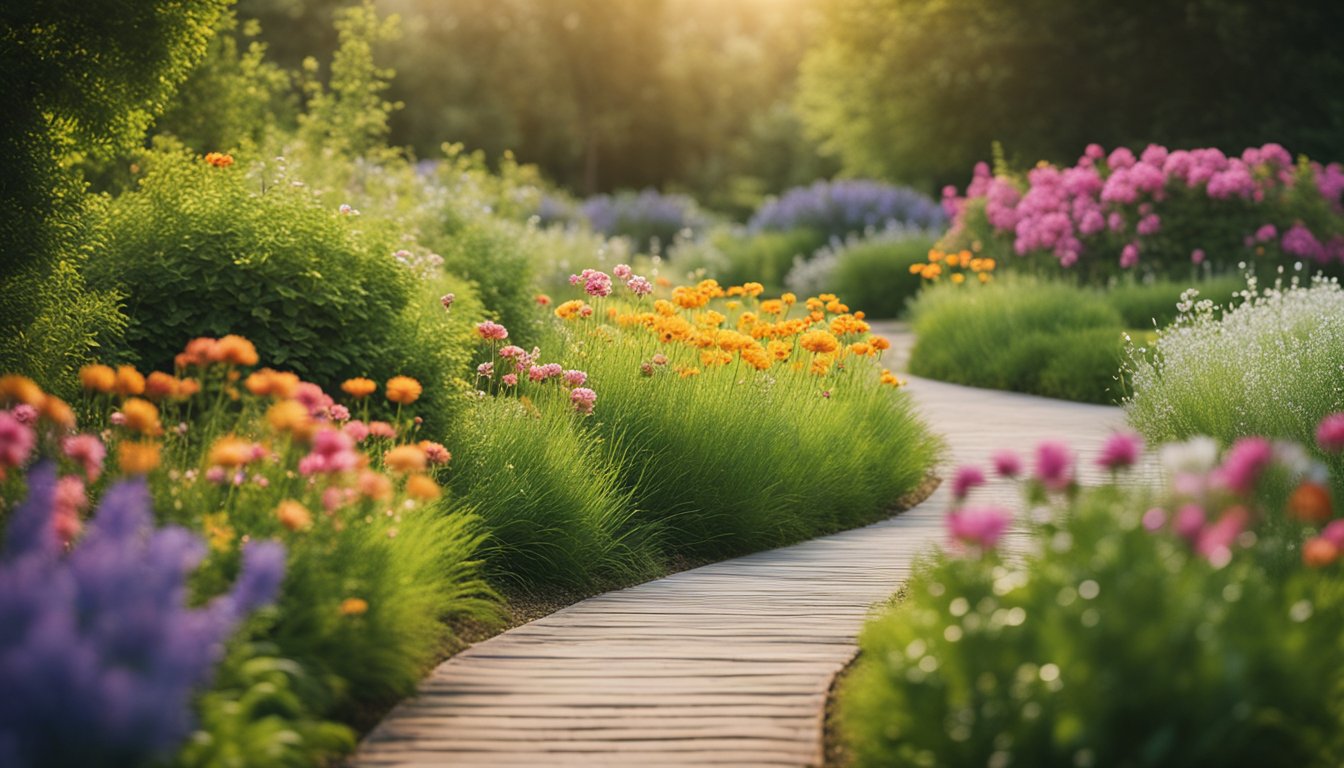 A serene landscape with a winding path leading to a bright, hopeful horizon, surrounded by lush greenery and vibrant flowers