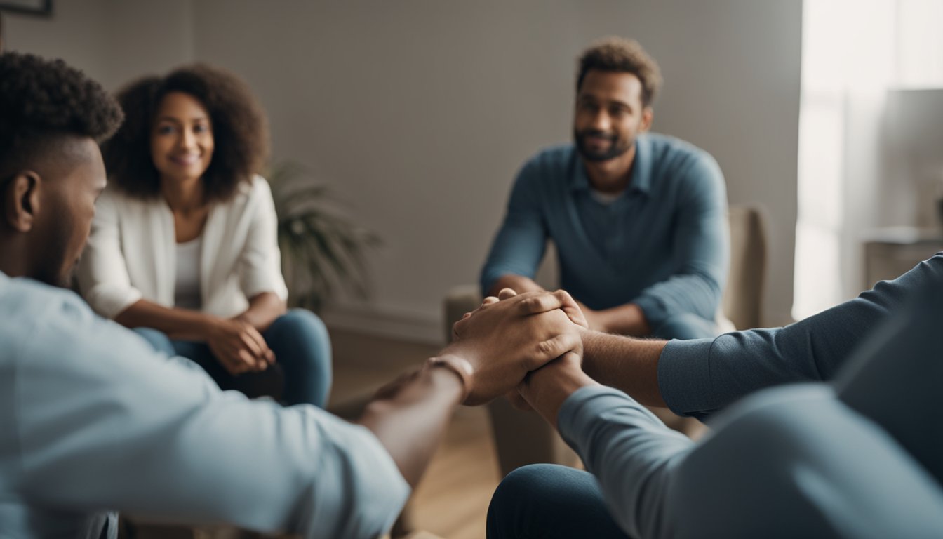 A family sitting in a circle, holding hands, while one member shares their experiences with addiction. A therapist guides the discussion