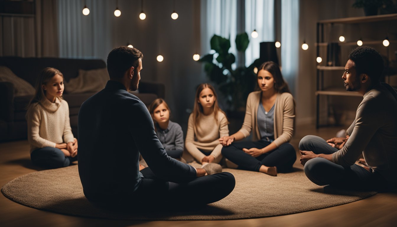 A family sitting in a circle, with one member visibly struggling while the others look concerned and supportive. The room is dimly lit, creating a somber atmosphere