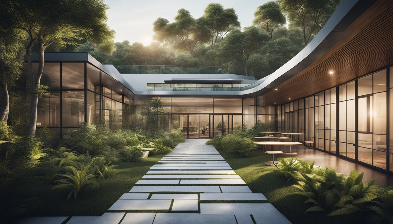 A modern treatment center with innovative architecture and design, surrounded by lush greenery and natural elements