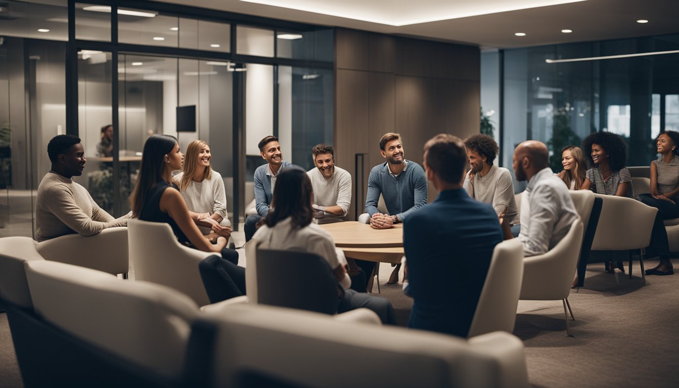 A group of people gathered around a modern, open-plan treatment center, engaging in discussions and activities