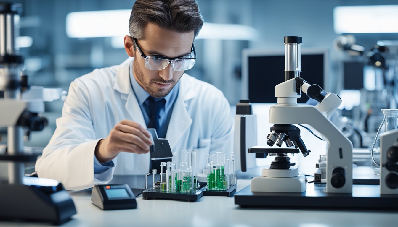 A scientist surrounded by various technological devices, conducting research and experiments in a modern laboratory setting