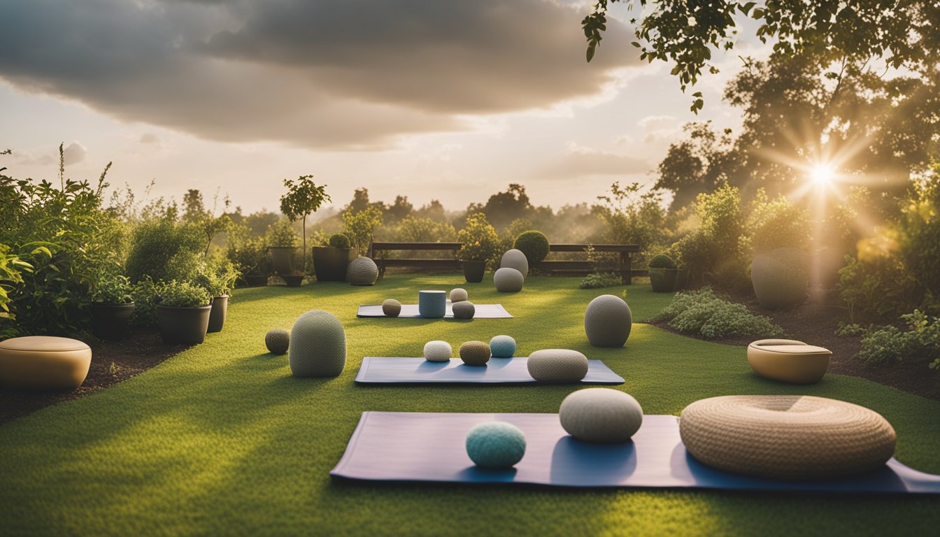 A serene garden with yoga mats, meditation cushions, herbal teas, and support group circles under a peaceful sky