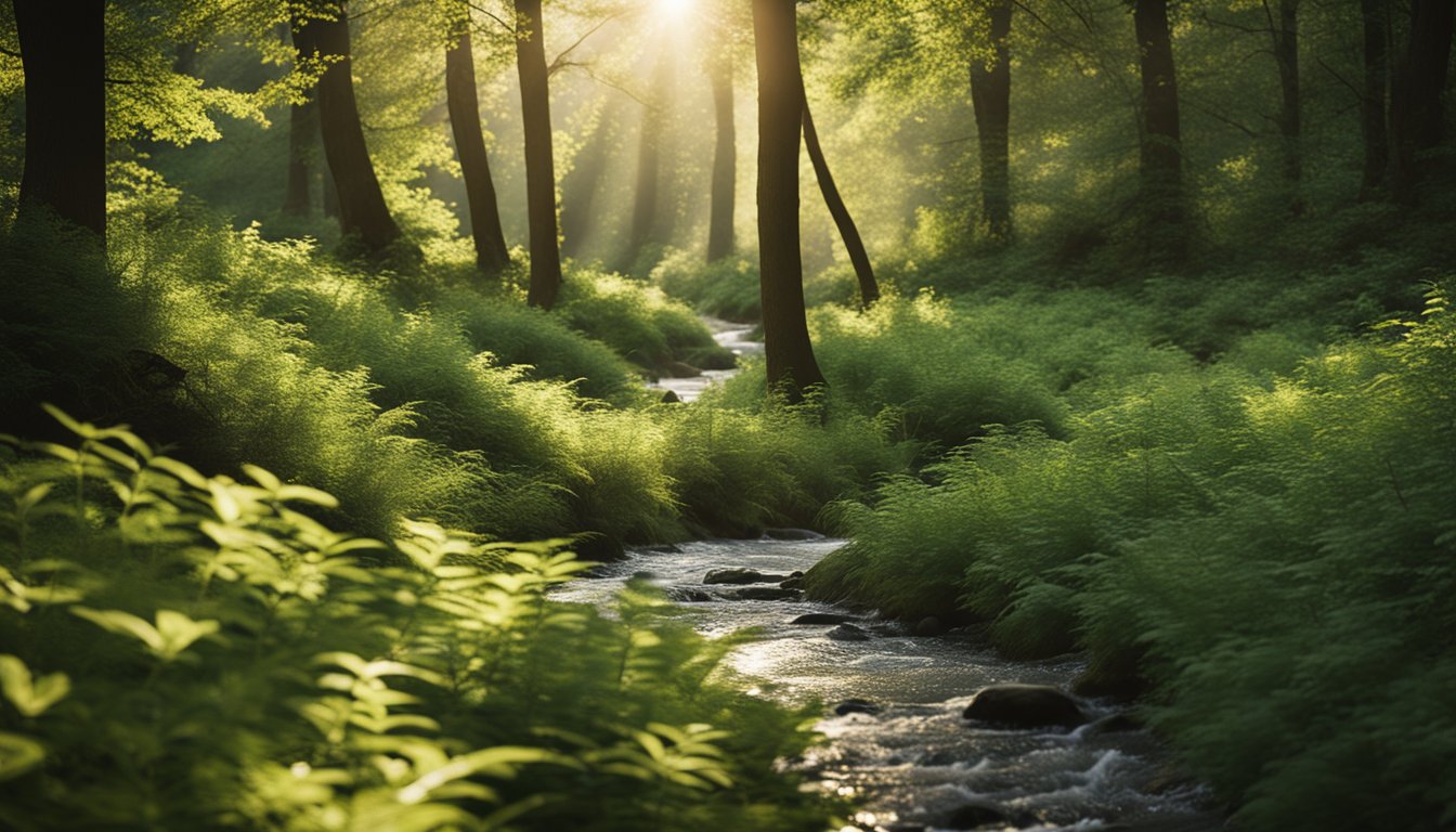 A serene nature scene with a winding path through a peaceful forest, sunlight filtering through the trees, and a tranquil stream flowing nearby