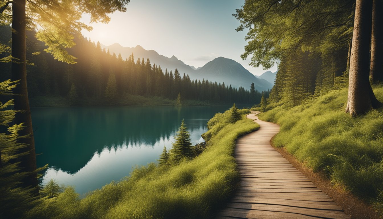 A serene nature scene with a winding path through a peaceful forest, leading towards a tranquil lake surrounded by mountains