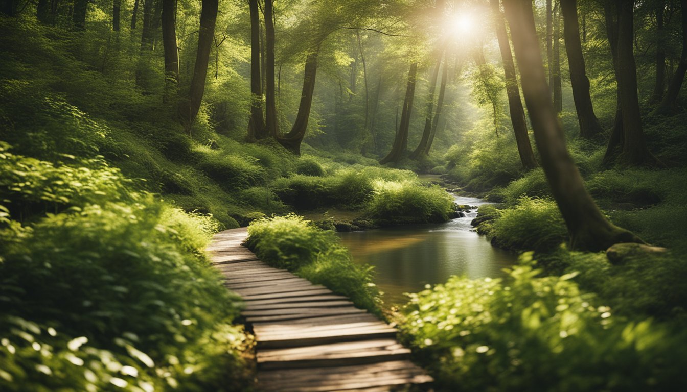 A serene forest with a winding path, dappled sunlight, and a tranquil stream flowing through the landscape