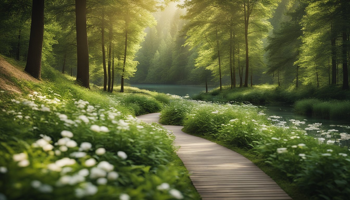 A serene landscape with a winding path through a tranquil forest, leading towards a peaceful lake surrounded by blooming flowers and lush greenery