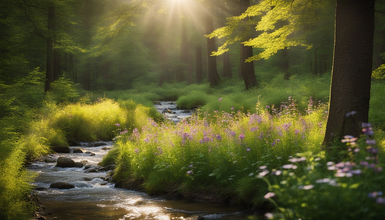 A serene forest clearing with sunlight filtering through the trees, a gentle stream flowing, and colorful wildflowers blooming