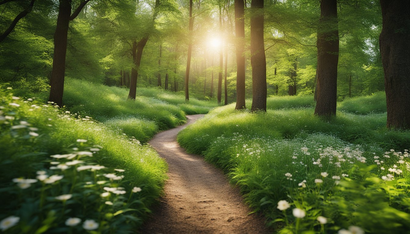 A serene forest clearing with a winding path, surrounded by lush greenery and vibrant wildflowers, with a gentle stream flowing through the center