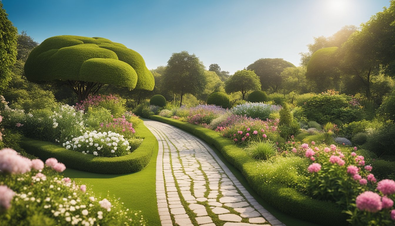 A serene garden with a winding path leading to a peaceful oasis, surrounded by blooming flowers, lush greenery, and a clear blue sky