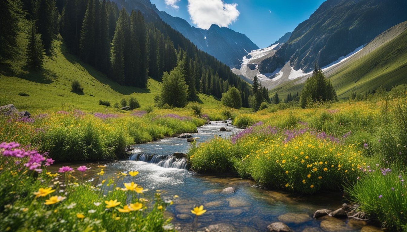 A serene mountain landscape with a peaceful stream, surrounded by lush greenery and colorful wildflowers, under a clear blue sky