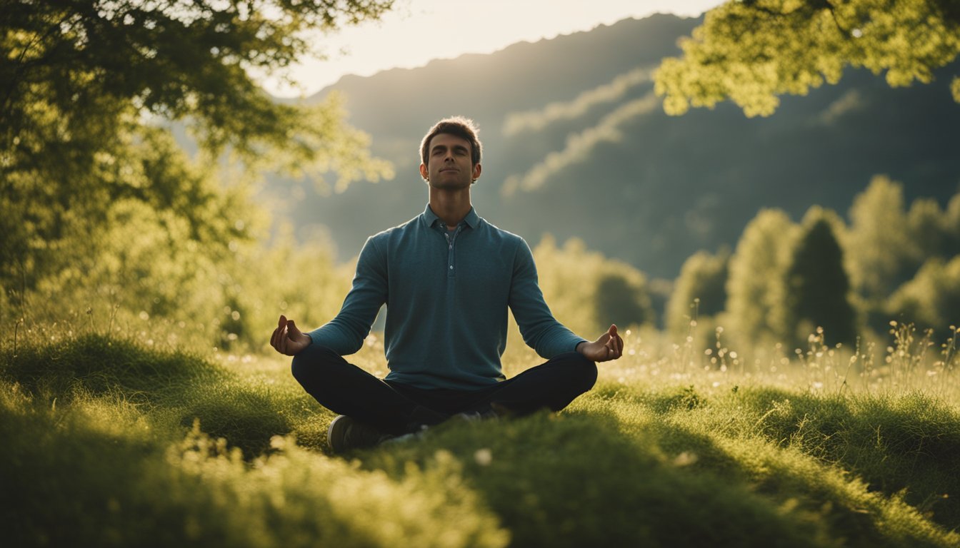 A serene setting with a person in a peaceful posture, surrounded by nature, practicing mindful breathing