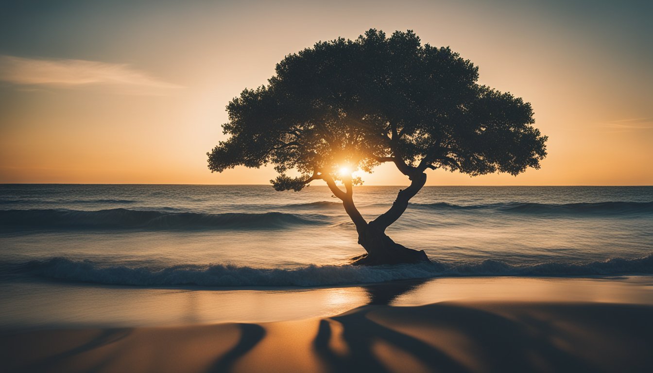 A serene beach at sunset, with calm waves and a lone tree standing tall, symbolizing resilience and inner strength