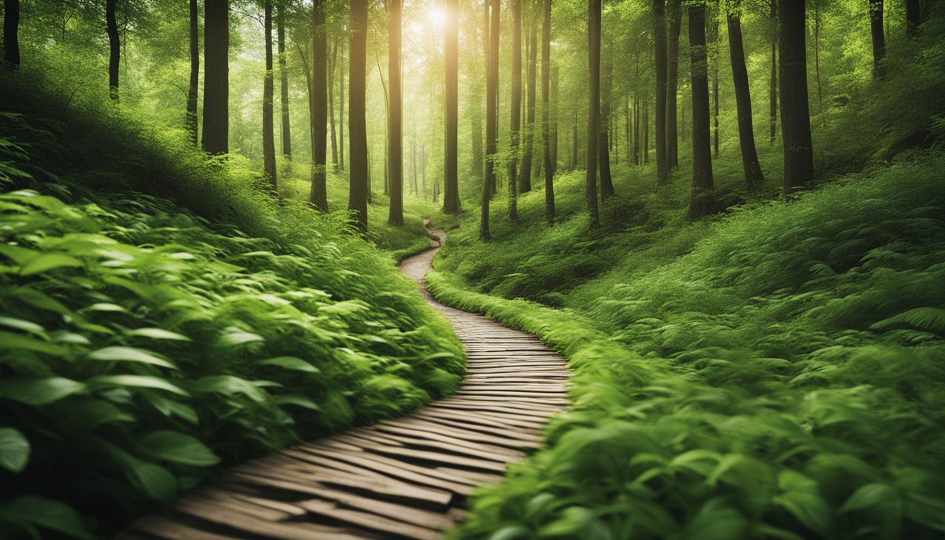 A serene nature scene with a winding path leading through a lush forest, symbolizing the journey of sustainable recovery