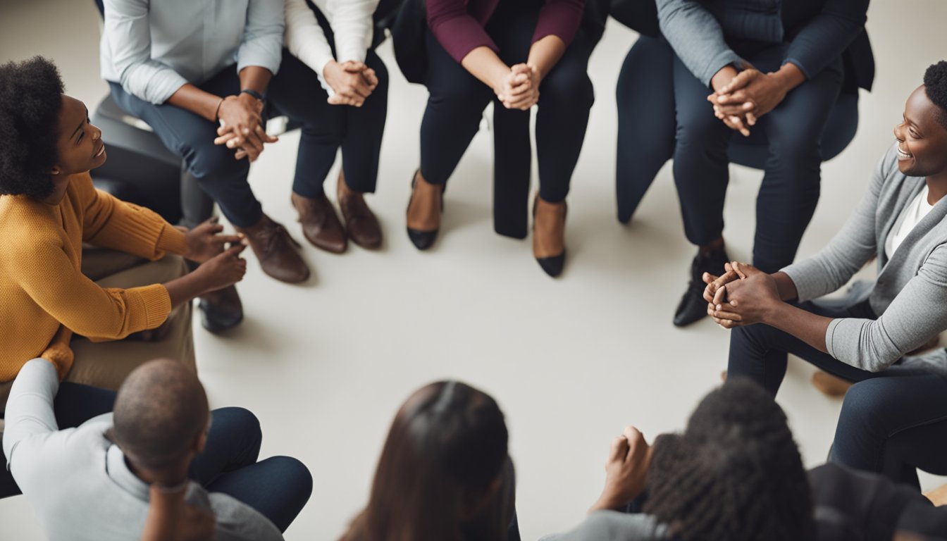 A circle of diverse individuals engage in discussion, offering support and empathy to one another. A facilitator guides the group, fostering a sense of community and understanding