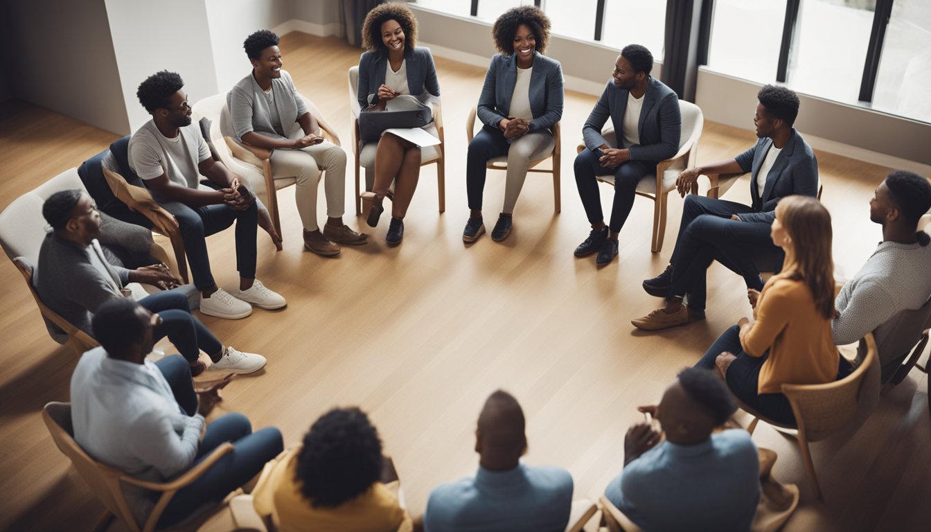 A circle of diverse individuals sitting in a support group, engaging in conversation and sharing their experiences