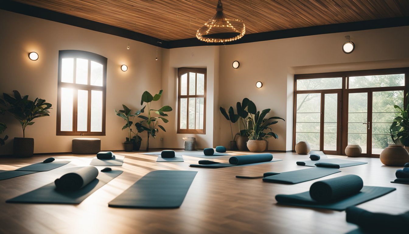 A serene yoga studio with soft lighting, mats arranged in a circle, and a tranquil atmosphere