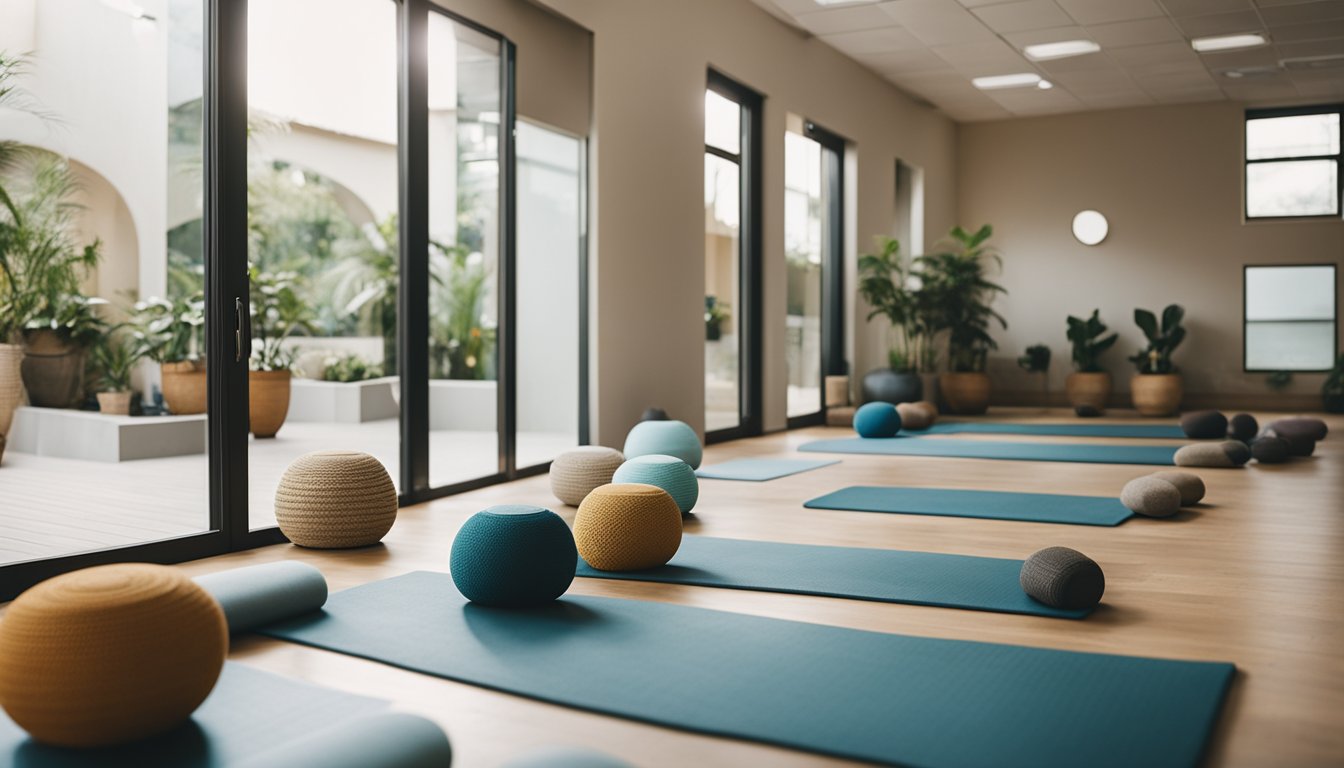 A serene yoga studio with calming colors and natural light, featuring various props and mats arranged for a group practice