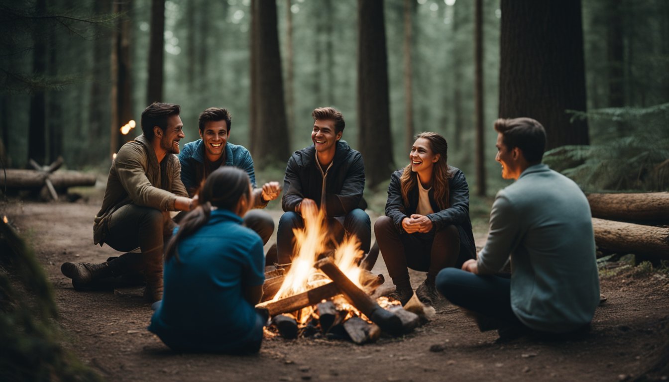 A group of people gather around a campfire in a forest clearing, sharing stories and laughter as they connect with each other and nature