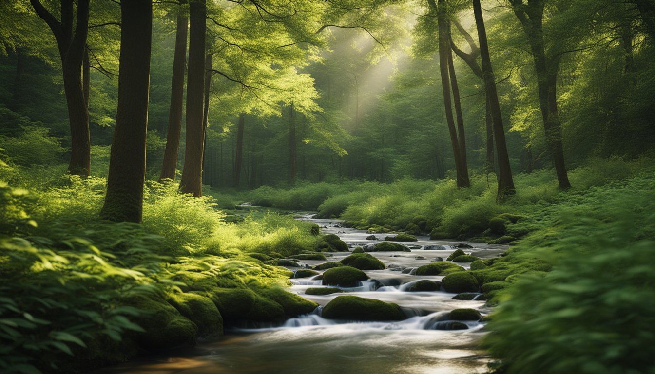 A serene forest clearing with a winding trail, surrounded by tall trees and vibrant foliage. A gentle stream flows nearby, with birds chirping in the distance