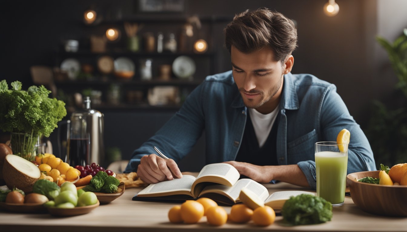 A person sitting at a table, surrounded by various healthy foods and drinks. They are reading a book about nutrition and sobriety, with a look of determination on their face