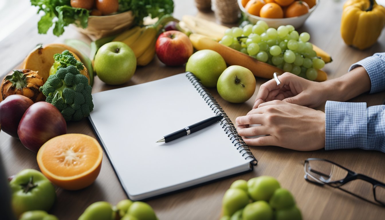 A person sitting at a table, surrounded by various fruits, vegetables, and healthy foods. A glass of water and a notebook with "FAQs" written on it are also on the table