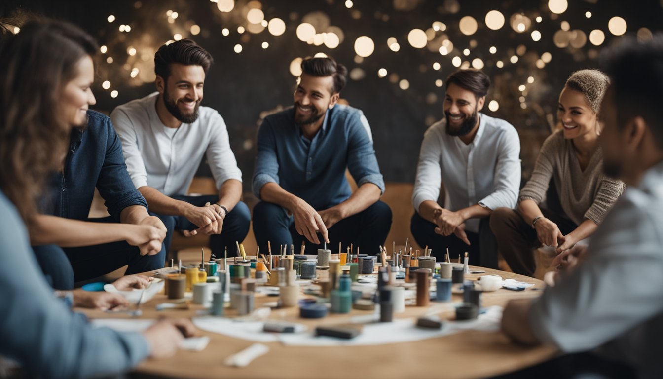 A group of individuals sitting in a circle, engaged in various art activities such as painting, drawing, and sculpting, within a formal addiction support setting