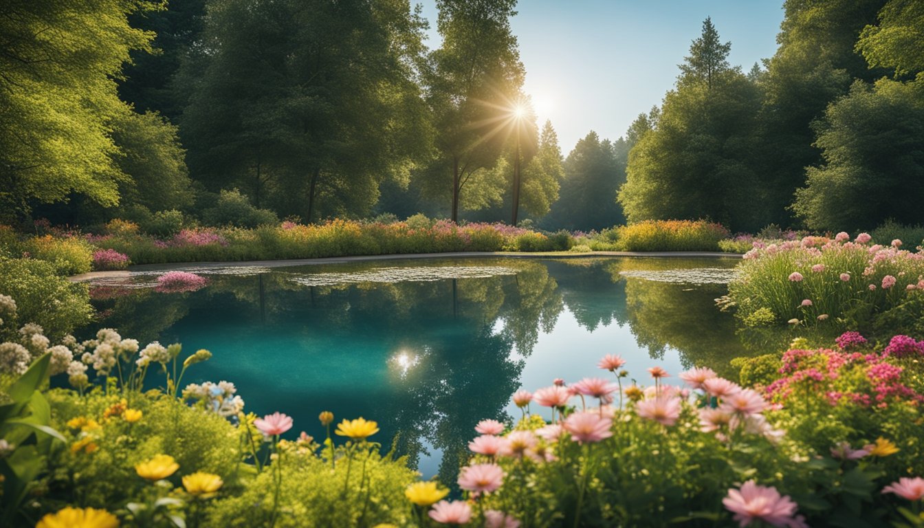 A serene landscape with a tranquil pond surrounded by lush greenery and colorful flowers, with a clear blue sky and gentle sunlight filtering through the trees