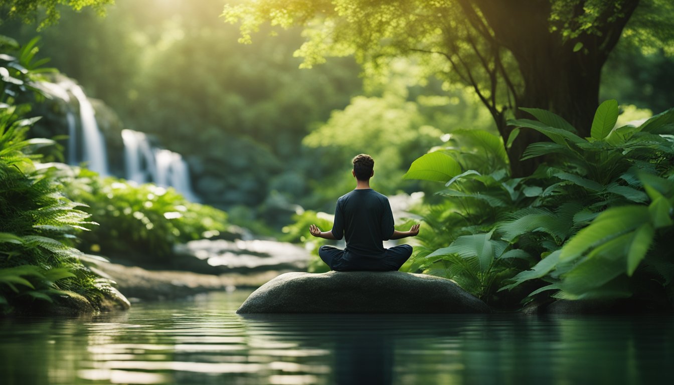 A serene figure meditates in a peaceful natural setting, surrounded by lush greenery and gentle flowing water, evoking a sense of calm and mental wellbeing