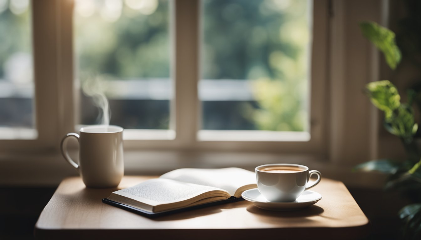 A cozy corner with a journal, pen, and a cup of tea. Soft natural lighting filters through the window, creating a peaceful atmosphere for reflection and mindfulness