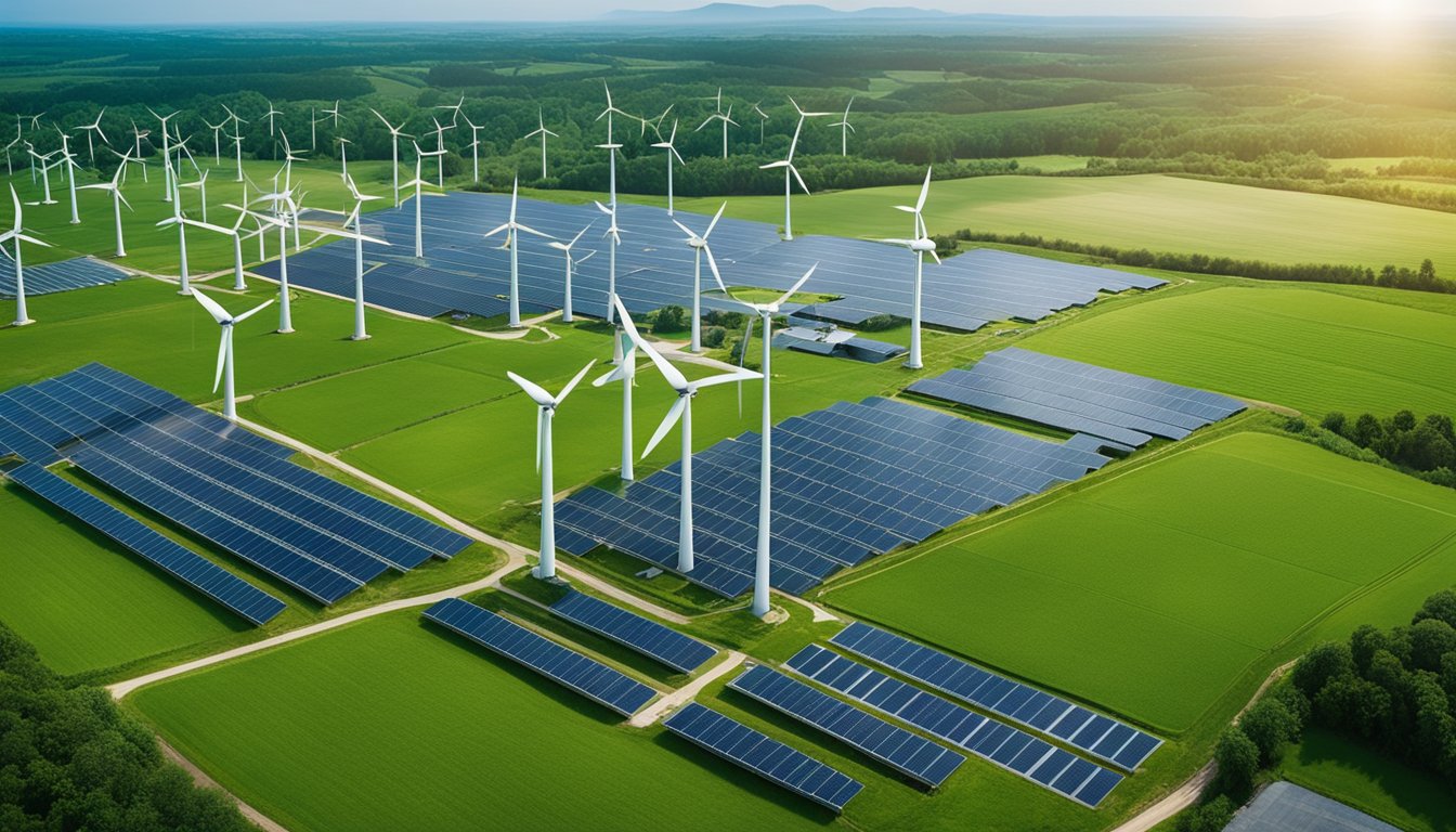 A lush, green landscape with renewable energy sources such as wind turbines and solar panels, alongside sustainable agriculture and recycling facilities