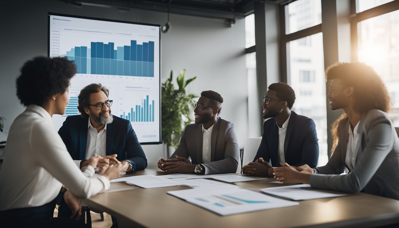 A diverse group of people gathered around a table, discussing sustainable recovery options. Charts and graphs are displayed on the walls, and there is a sense of collaboration and problem-solving in the air