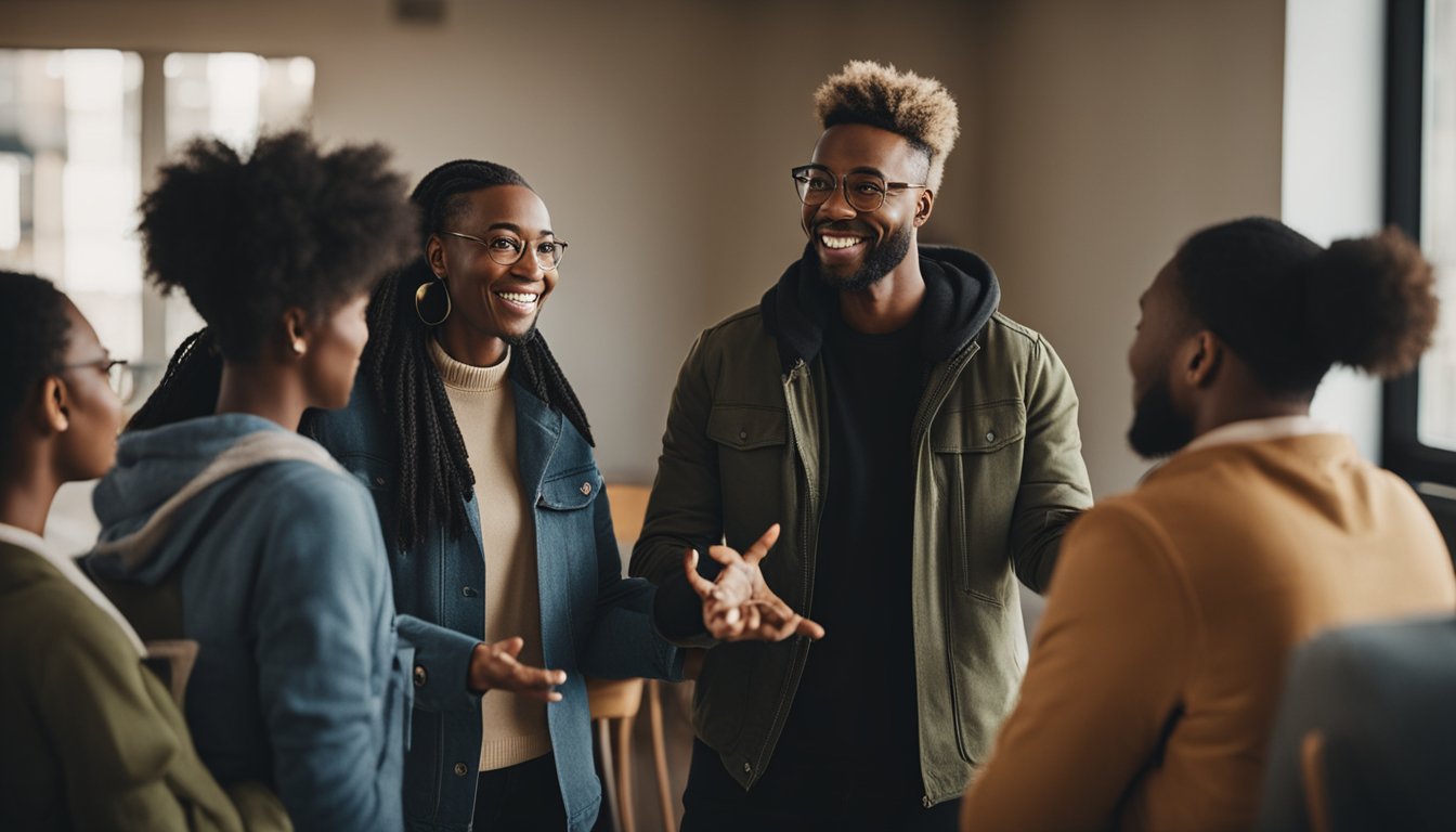 A group of diverse individuals gather in a circle, engaging in conversation and offering support to one another. A sense of community and connection is evident as they share their recovery journeys