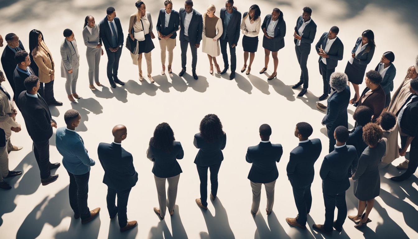 A group of diverse individuals gather in a circle, offering support and guidance to one another. Symbolic imagery of growth and progress surrounds them