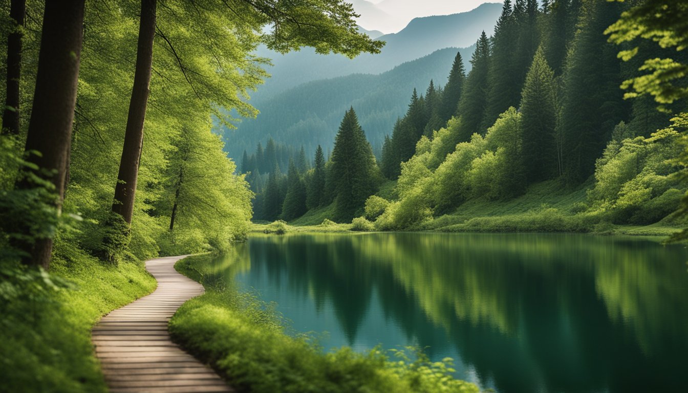 A tranquil nature scene with a winding path through a lush forest, leading to a peaceful lake surrounded by mountains