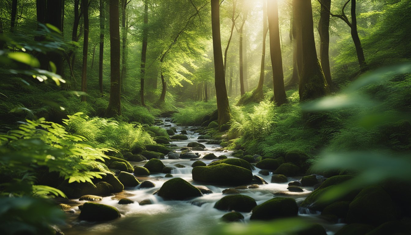 A serene forest clearing with dappled sunlight, a bubbling stream, and lush greenery, evoking a sense of tranquility and connection to nature