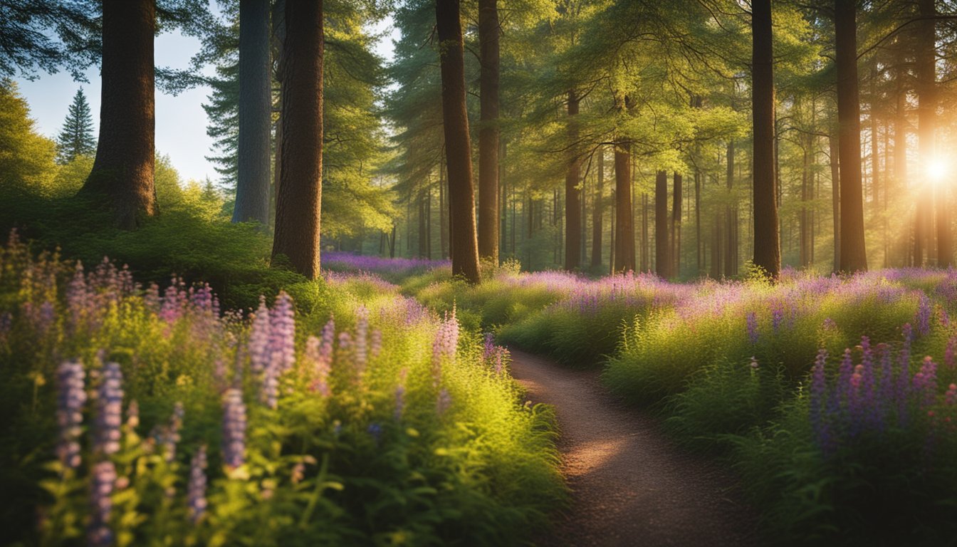 A peaceful forest clearing with a winding path, surrounded by tall trees and colorful wildflowers, with sunlight streaming through the branches