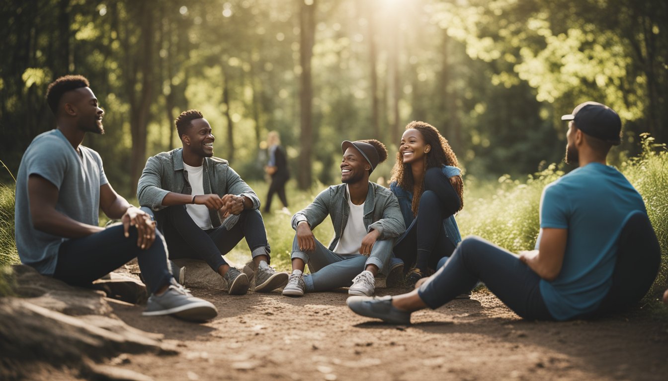 A group of diverse individuals engage in outdoor activities, forming connections and providing support for one another in their journey towards sobriety