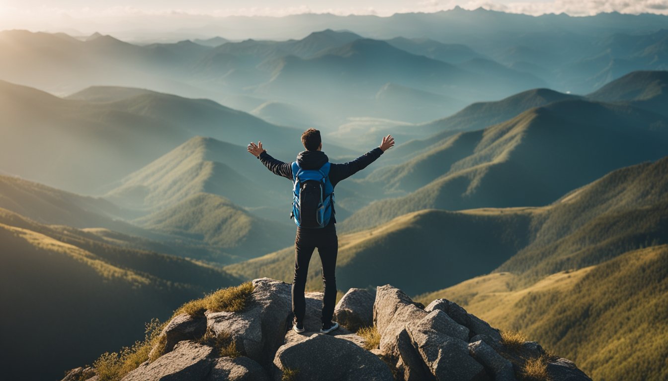 A person standing at the top of a mountain, arms outstretched, looking out at the horizon with a sense of accomplishment and determination